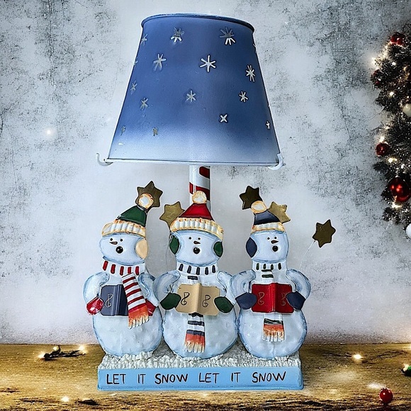 Vintage Tea Light Lamp Snowmen Caroling Pierced Metal Blue Shade Large 12 Inch - Picture 16 of 16